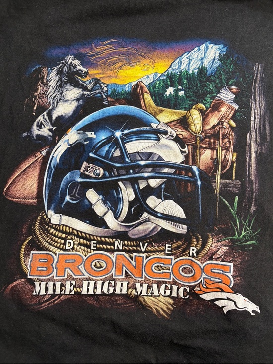 NFL Other - Vintage ‘90s NFL Broncos Mile High MagiGraphic Tee - Orange & Navy Helmet Design